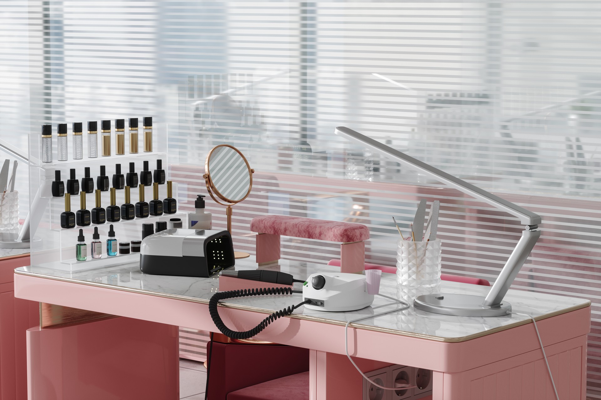 Close-up View Of Manicure Table And Nail Care Equipments In Nail Spa